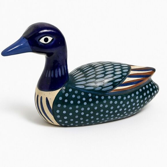 Vintage Mexican Art Pottery TONALA With Brass Duck 9” x 5” Hand Painted - Picture 1 of 9